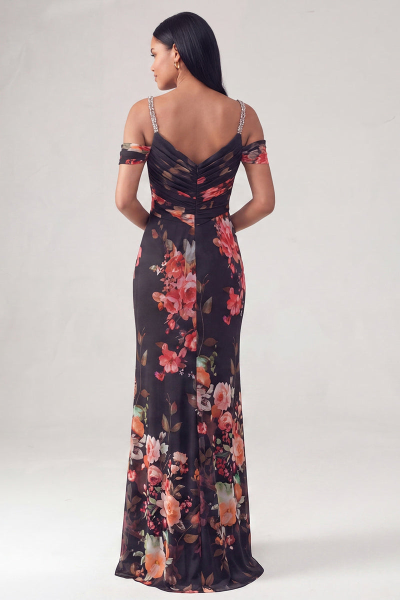 Load image into Gallery viewer, Black Floral Off the Shoulder Ruched Long Mermaid Formal Dress with Beading