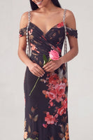 Load image into Gallery viewer, Black Floral Off the Shoulder Ruched Long Mermaid Formal Dress with Beading