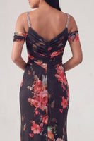 Load image into Gallery viewer, Black Floral Off the Shoulder Ruched Long Mermaid Formal Dress with Beading