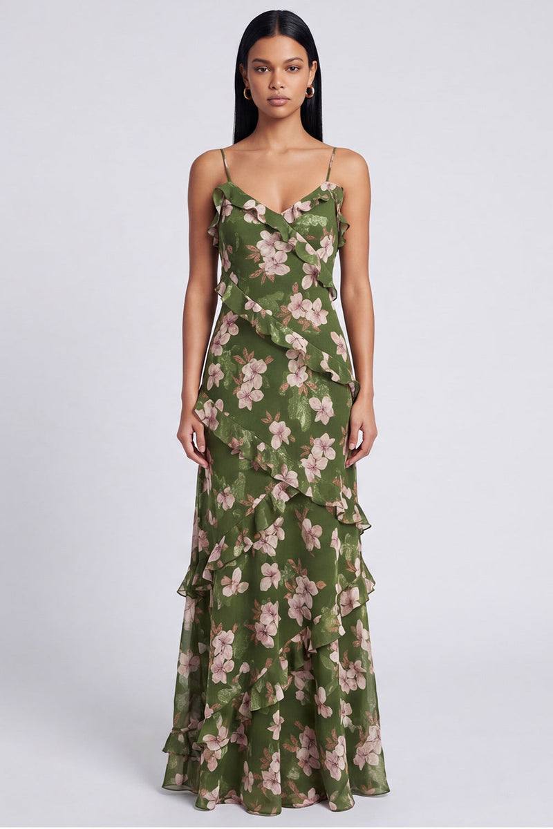 Load image into Gallery viewer, Dark Green Floral Spaghetti Straps Long A Line Formal Dress with Ruffles