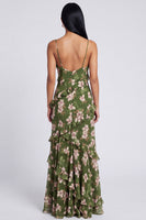 Load image into Gallery viewer, Dark Green Floral Spaghetti Straps Long A Line Formal Dress with Ruffles