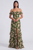 Load image into Gallery viewer, Dark Green Off the Shoulder Ruffled Floral Long A Line Formal Dress with Slit