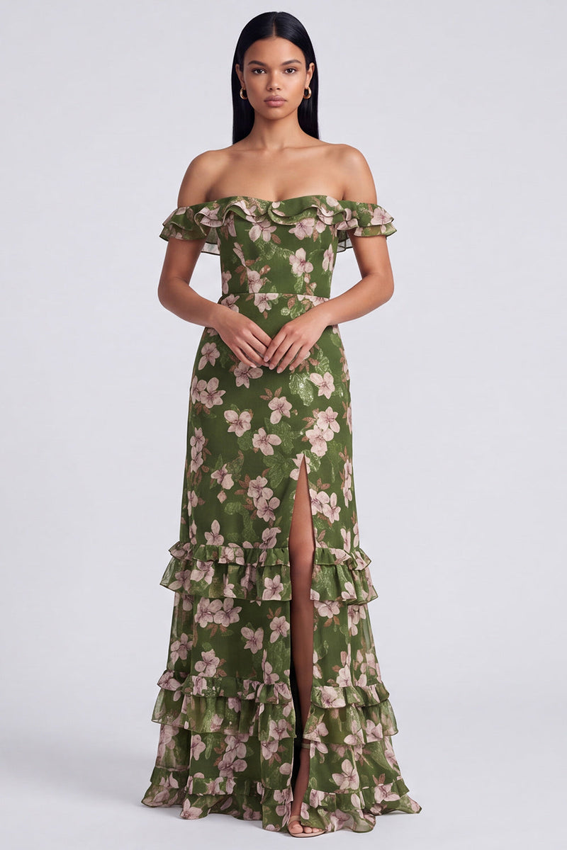Load image into Gallery viewer, Dark Green Off the Shoulder Ruffled Floral Long A Line Formal Dress with Slit