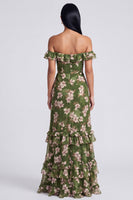 Load image into Gallery viewer, Dark Green Off the Shoulder Ruffled Floral Long A Line Formal Dress with Slit