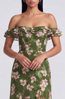 Load image into Gallery viewer, Dark Green Off the Shoulder Ruffled Floral Long A Line Formal Dress with Slit