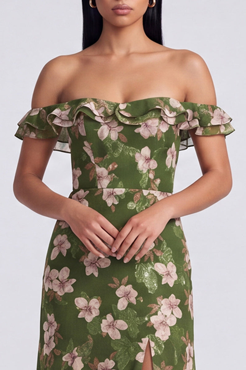 Load image into Gallery viewer, Dark Green Off the Shoulder Ruffled Floral Long A Line Formal Dress with Slit