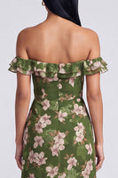 Load image into Gallery viewer, Dark Green Off the Shoulder Ruffled Floral Long A Line Formal Dress with Slit