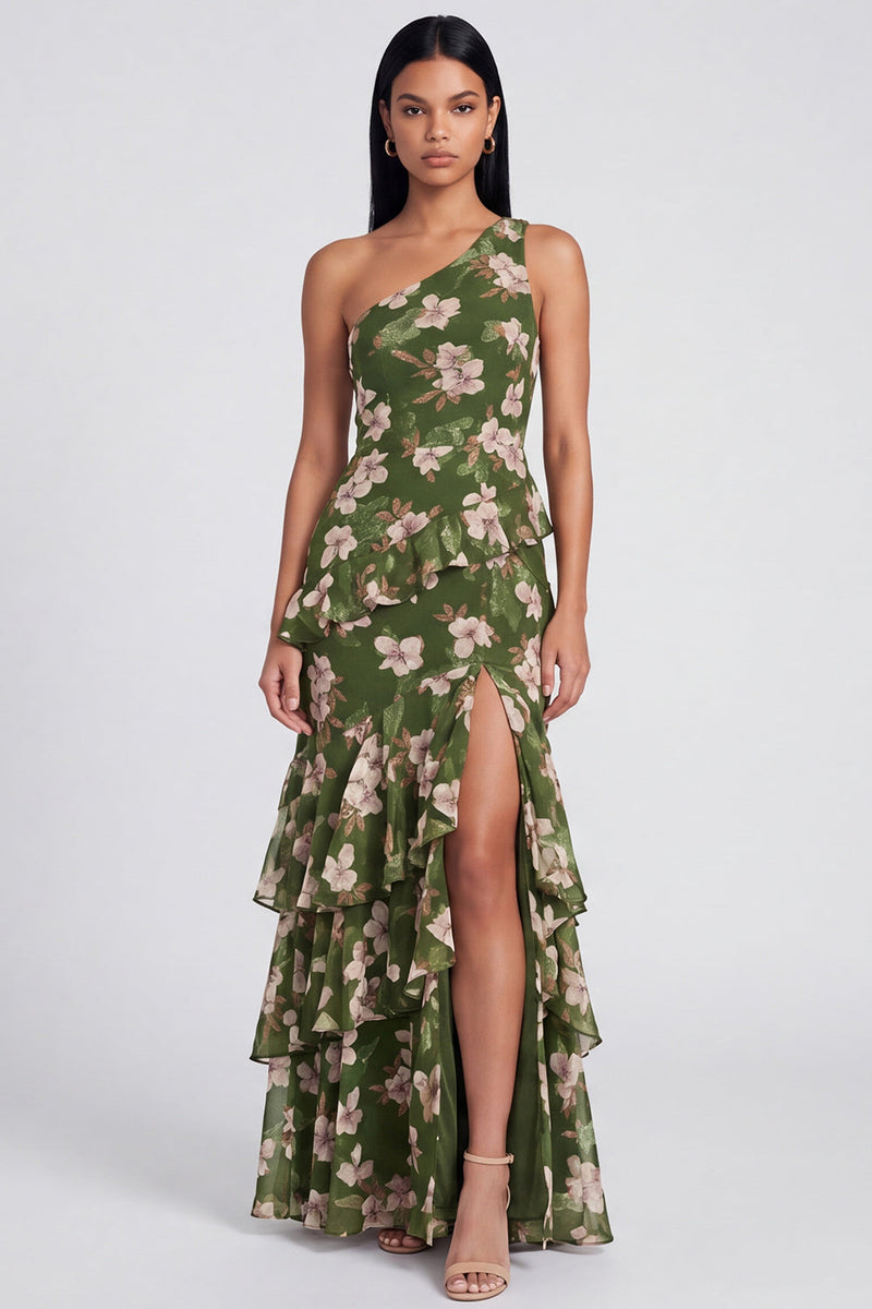 Load image into Gallery viewer, Dark Green Ruffled One Shoulder Floral Long A Line Formal Dress with Slit