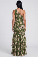 Load image into Gallery viewer, Dark Green Ruffled One Shoulder Floral Long A Line Formal Dress with Slit