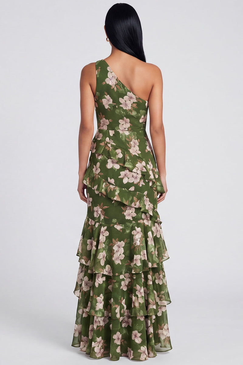 Load image into Gallery viewer, Dark Green Ruffled One Shoulder Floral Long A Line Formal Dress with Slit