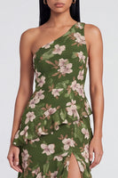Load image into Gallery viewer, Dark Green Ruffled One Shoulder Floral Long A Line Formal Dress with Slit