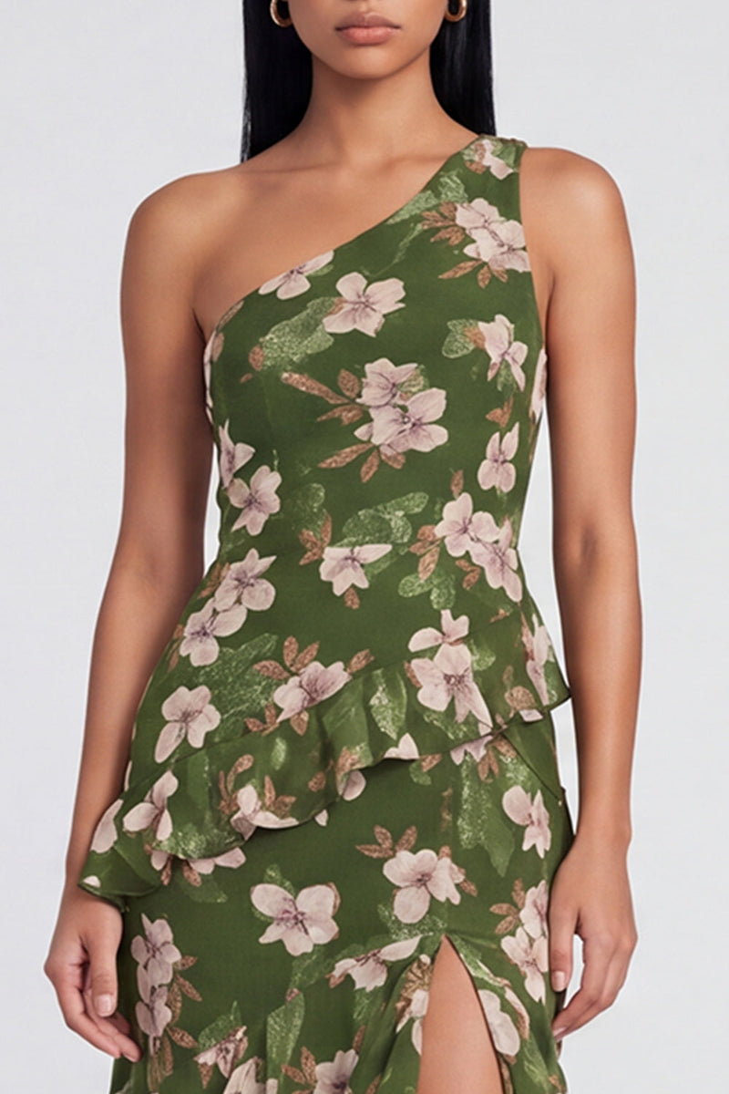 Load image into Gallery viewer, Dark Green Ruffled One Shoulder Floral Long A Line Formal Dress with Slit