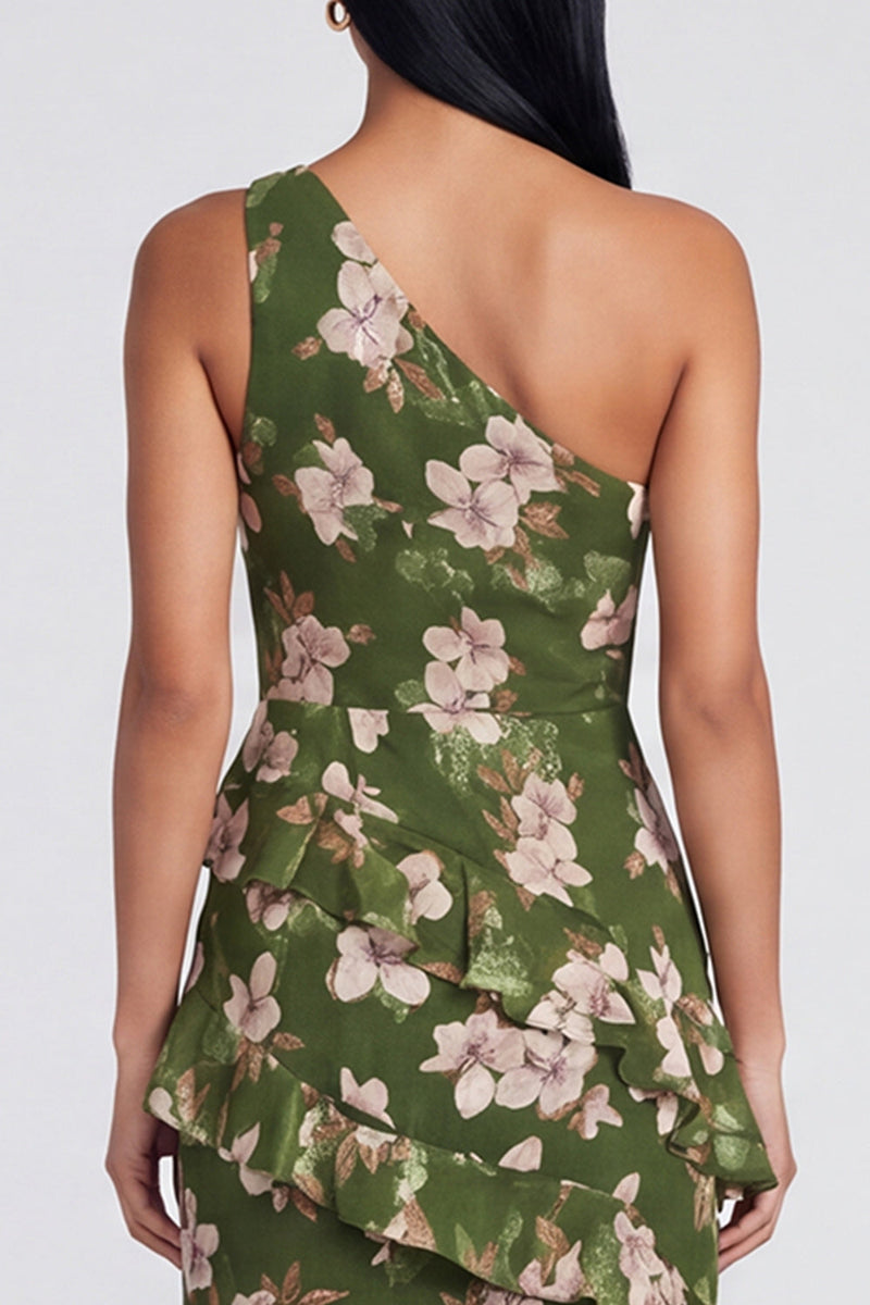 Load image into Gallery viewer, Dark Green Ruffled One Shoulder Floral Long A Line Formal Dress with Slit