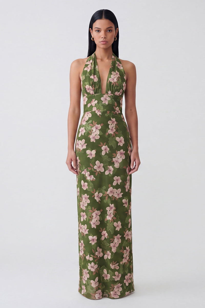 Load image into Gallery viewer, Dark Green Backless Halter Floral Sheath Long Formal Dress