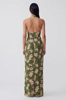 Load image into Gallery viewer, Dark Green Backless Halter Floral Sheath Long Formal Dress