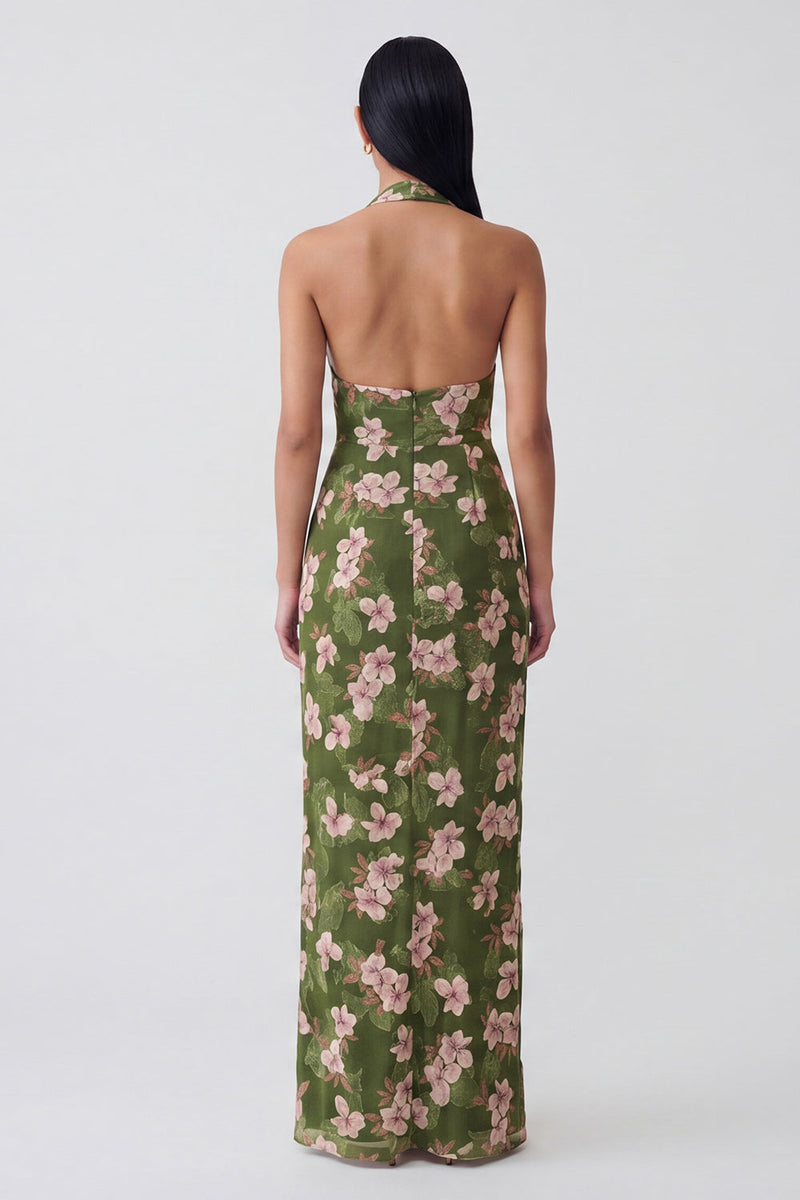 Load image into Gallery viewer, Dark Green Backless Halter Floral Sheath Long Formal Dress