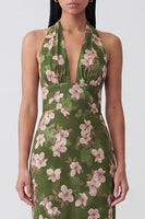 Load image into Gallery viewer, Dark Green Backless Halter Floral Sheath Long Formal Dress