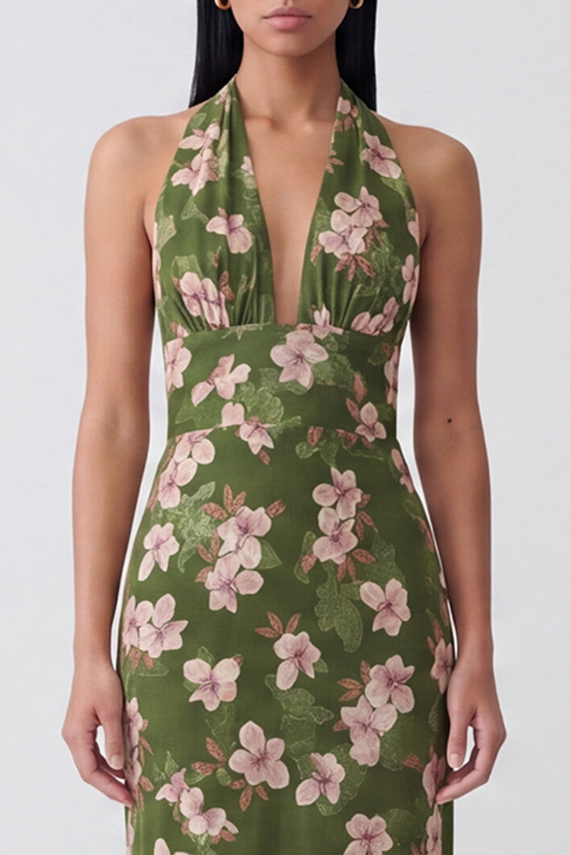 Load image into Gallery viewer, Dark Green Backless Halter Floral Sheath Long Formal Dress
