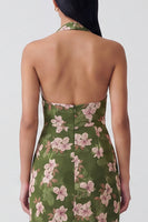 Load image into Gallery viewer, Dark Green Backless Halter Floral Sheath Long Formal Dress