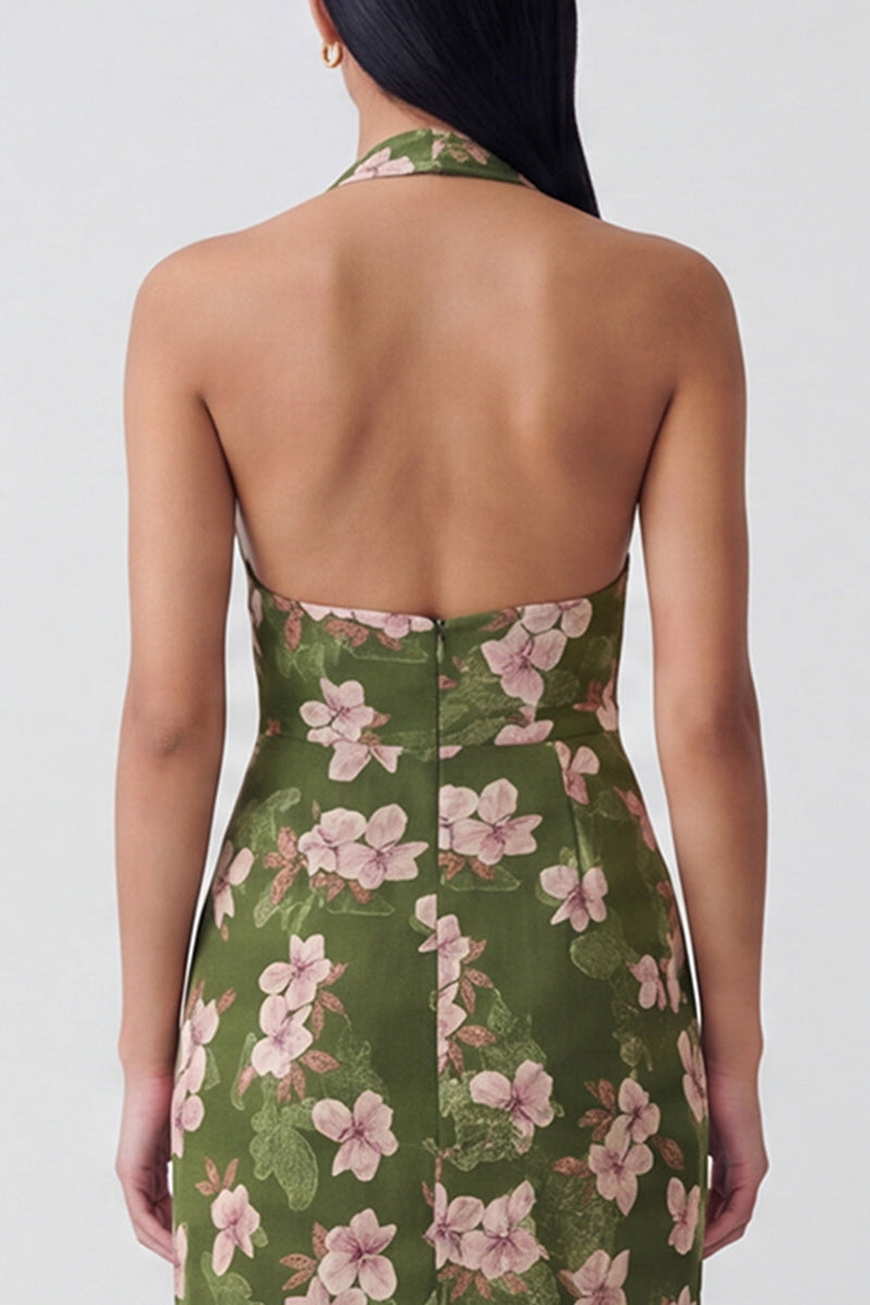 Load image into Gallery viewer, Dark Green Backless Halter Floral Sheath Long Formal Dress