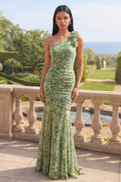 Load image into Gallery viewer, Dusty Green One Shoulder Ruched Maxi Mermaid Formal Dress with 3D Flowers