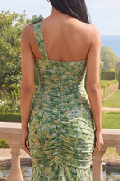 Load image into Gallery viewer, Dusty Green One Shoulder Ruched Maxi Mermaid Formal Dress with 3D Flowers