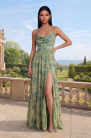Load image into Gallery viewer, Dusty Green Spaghetti Straps Ruched Floral A Line Maxi Formal Dress with Slit