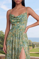 Load image into Gallery viewer, Dusty Green Spaghetti Straps Ruched Floral A Line Maxi Formal Dress with Slit