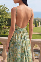 Load image into Gallery viewer, Dusty Green Spaghetti Straps Ruched Floral A Line Maxi Formal Dress with Slit