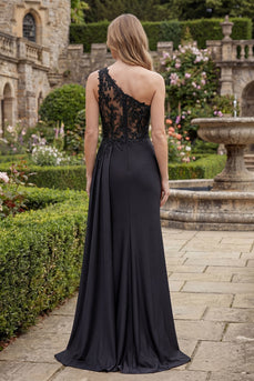 Black Ruched Appliqued Sheath Long Formal Dress with Side Cape