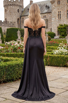 Black Off the Shoulder Appliqued Ruched Long Mermaid Formal Dress with Side Cape