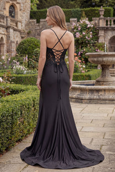 Black Spaghetti Straps Mermaid Long Formal Dress with Lace