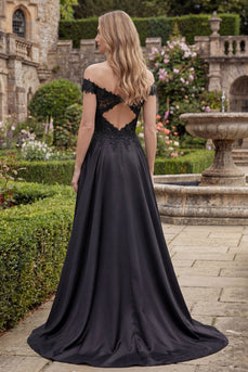 Black Off the Shoulder A Line Beaded Long Formal Dress with Lace