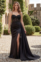 Load image into Gallery viewer, Black Spaghetti Straps Ruched Beaded Mermaid Long Formal Dress with Side Cape