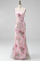 Load image into Gallery viewer, Sparkly Pink Mermaid Beaded Long Floral Formal Dress