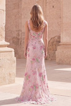 Sparkly Pink Mermaid Beaded Long Floral Formal Dress