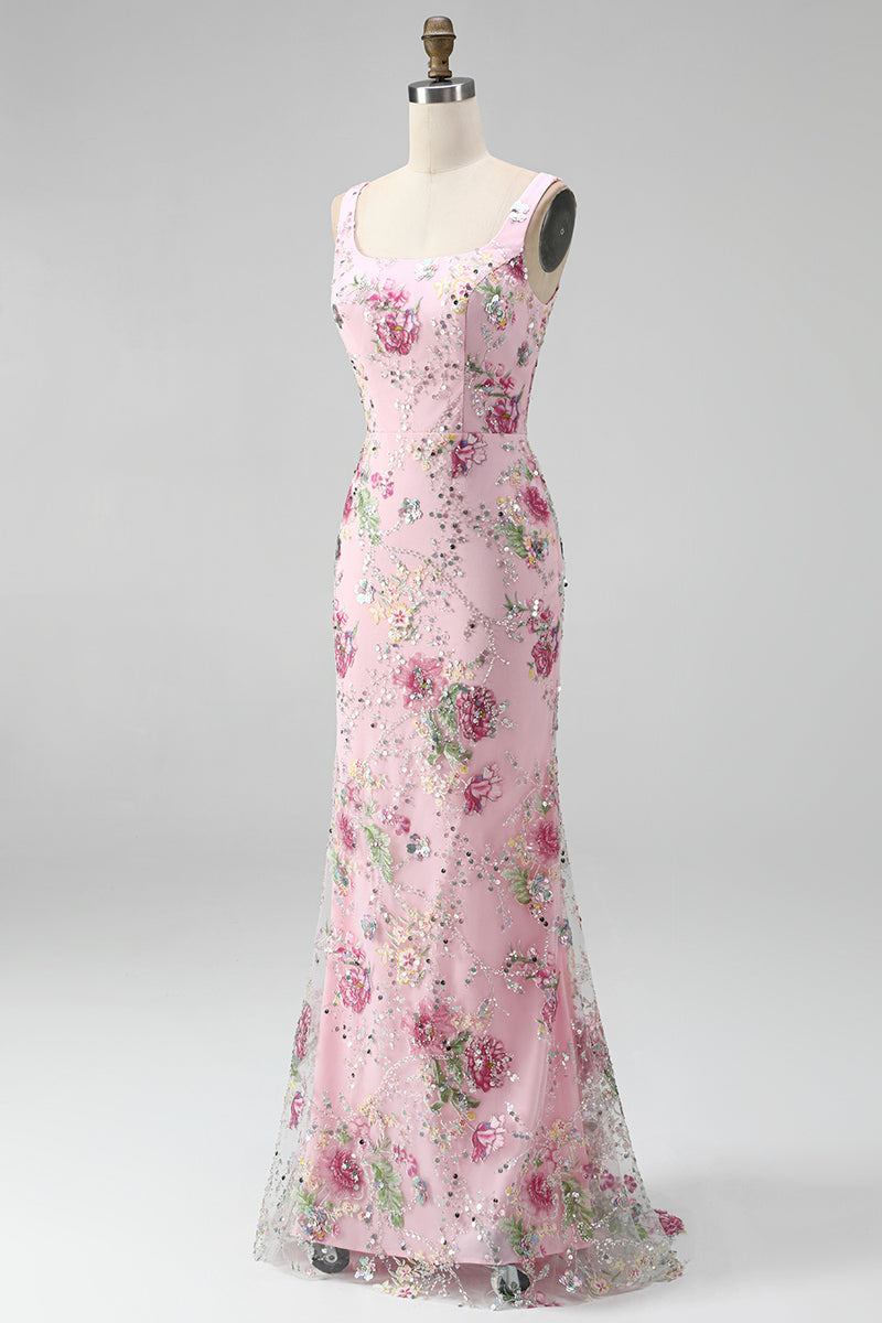 Load image into Gallery viewer, Sparkly Pink Mermaid Beaded Long Floral Formal Dress