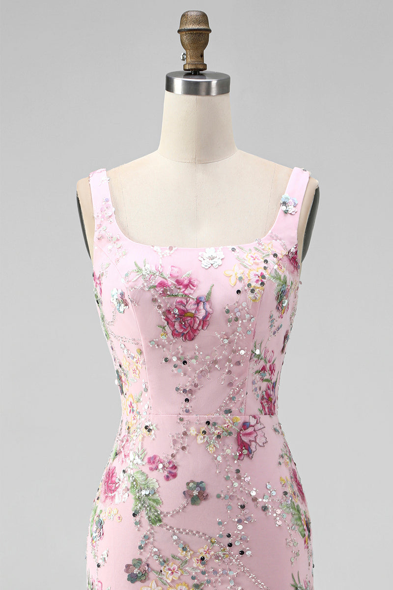 Load image into Gallery viewer, Sparkly Pink Mermaid Beaded Long Floral Formal Dress