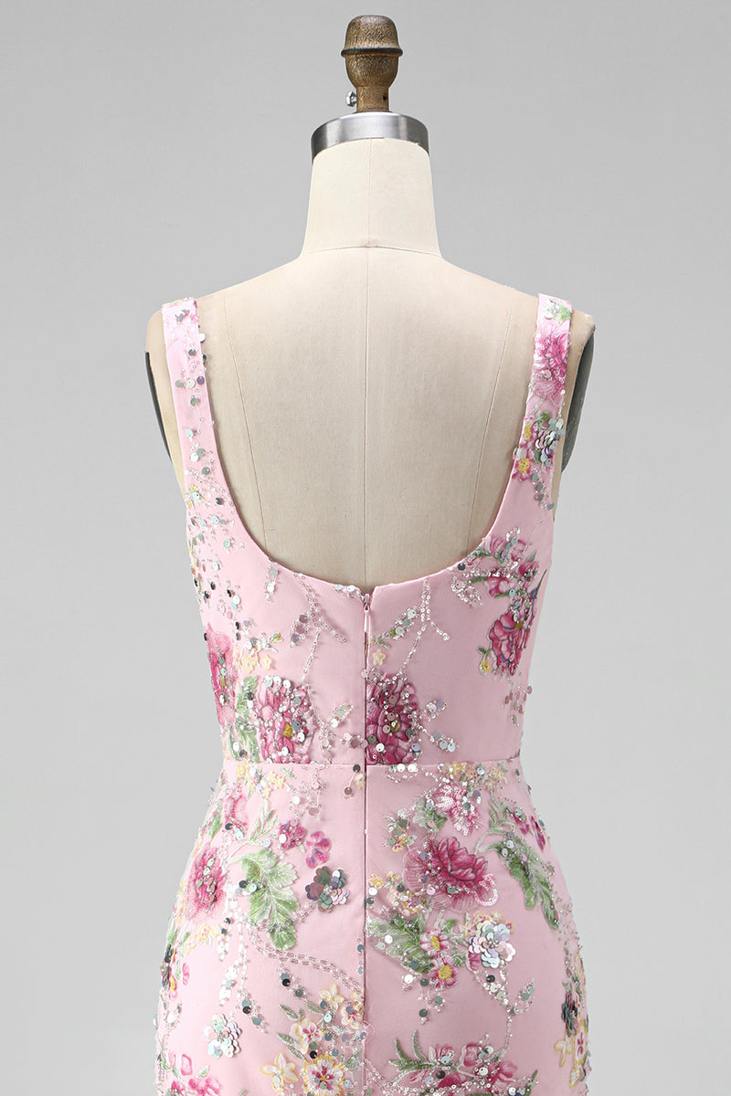 Load image into Gallery viewer, Sparkly Pink Mermaid Beaded Long Floral Formal Dress