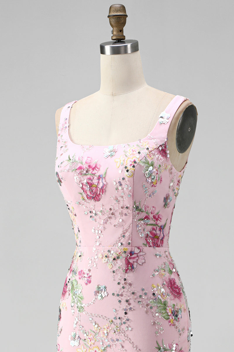 Load image into Gallery viewer, Sparkly Pink Mermaid Beaded Long Floral Formal Dress