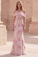 Load image into Gallery viewer, Sparkly Floral Off the Shoulder Mermaid Pink Long Beaded Formal Dress