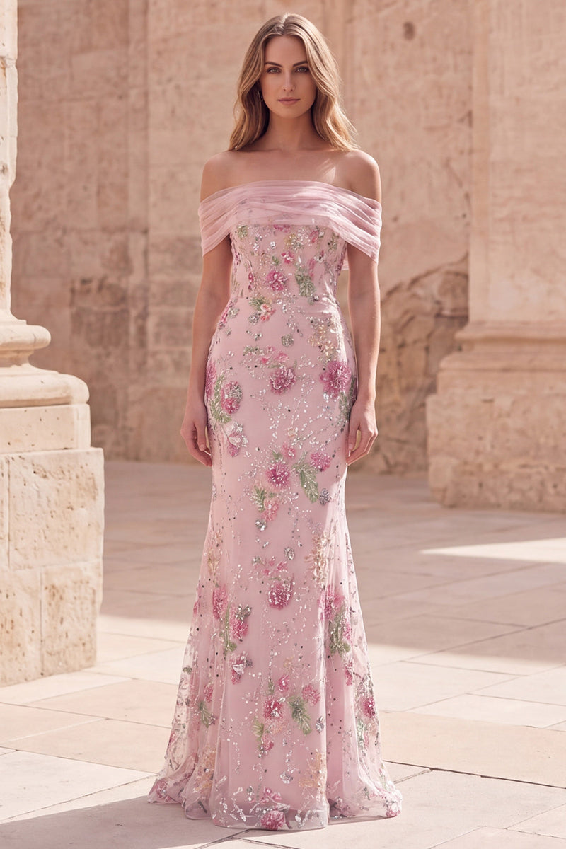Load image into Gallery viewer, Sparkly Floral Off the Shoulder Mermaid Pink Long Beaded Formal Dress