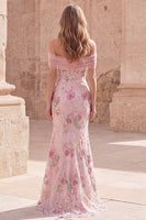 Load image into Gallery viewer, Sparkly Floral Off the Shoulder Mermaid Pink Long Beaded Formal Dress