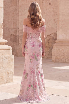 Sparkly Floral Off the Shoulder Mermaid Pink Long Beaded Formal Dress