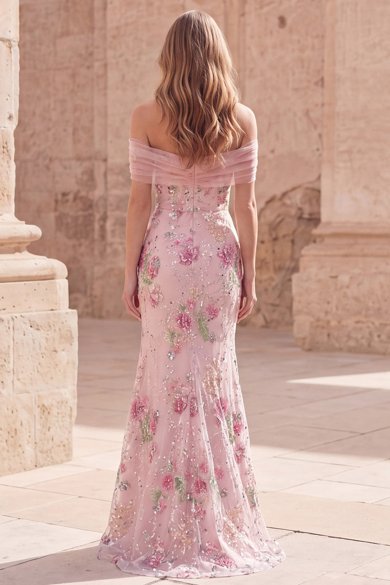 Load image into Gallery viewer, Sparkly Floral Off the Shoulder Mermaid Pink Long Beaded Formal Dress