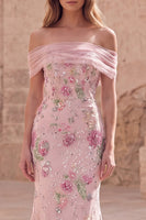 Load image into Gallery viewer, Sparkly Floral Off the Shoulder Mermaid Pink Long Beaded Formal Dress