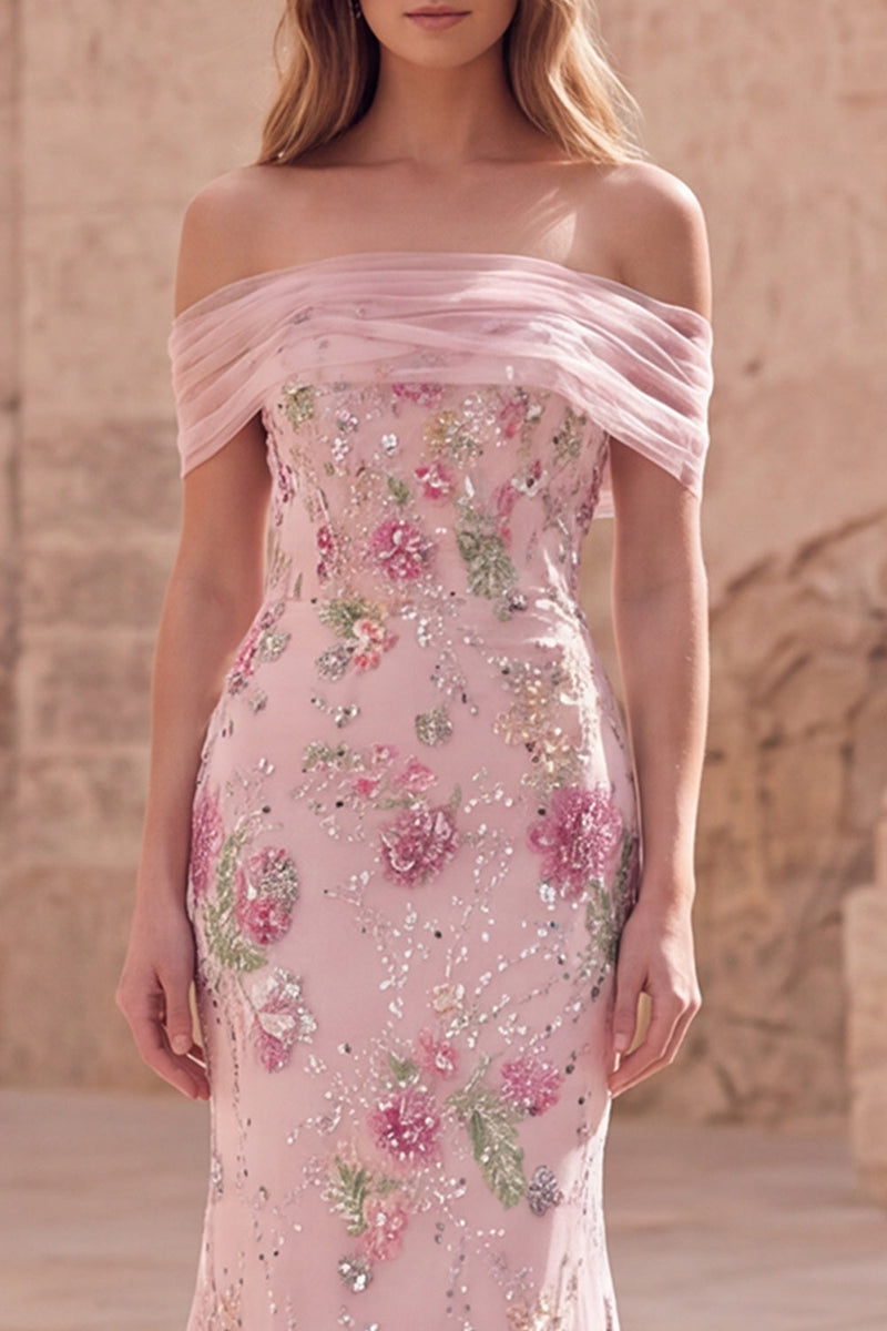 Load image into Gallery viewer, Sparkly Floral Off the Shoulder Mermaid Pink Long Beaded Formal Dress