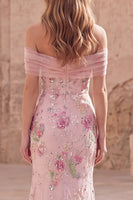 Load image into Gallery viewer, Sparkly Floral Off the Shoulder Mermaid Pink Long Beaded Formal Dress