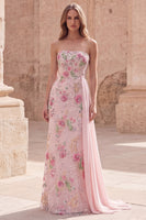 Load image into Gallery viewer, Sparkly Pink Floral Beaded Mermaid Long Formal Dress with Side Cape