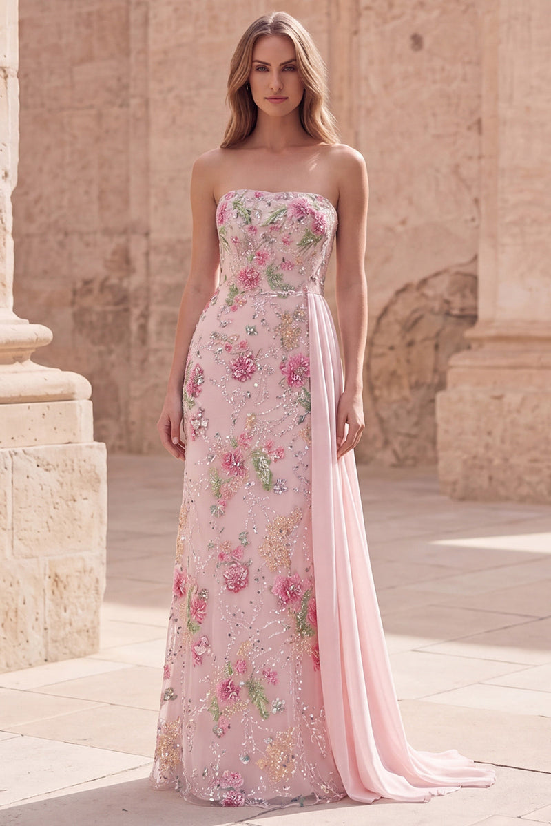 Load image into Gallery viewer, Sparkly Pink Floral Beaded Mermaid Long Formal Dress with Side Cape